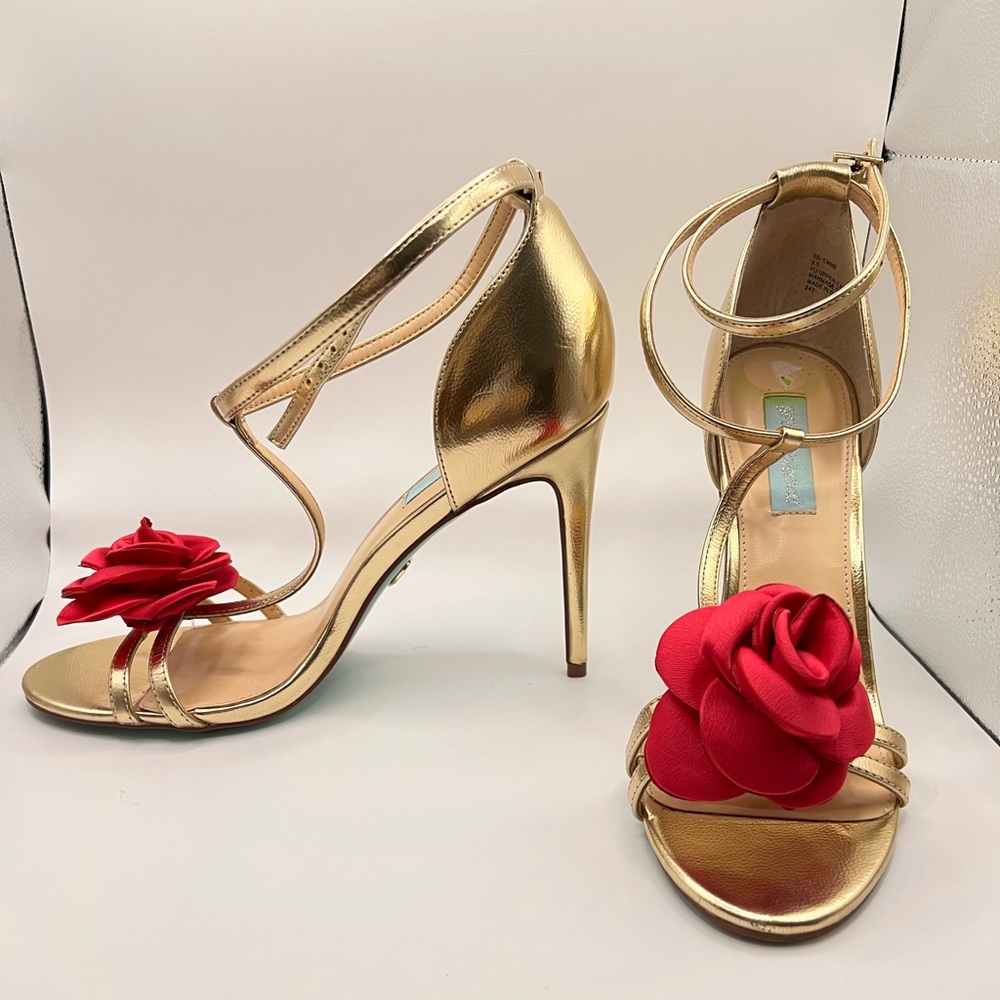 Betsey Johnson Gold Stiletto Heels with Red Floral Accent